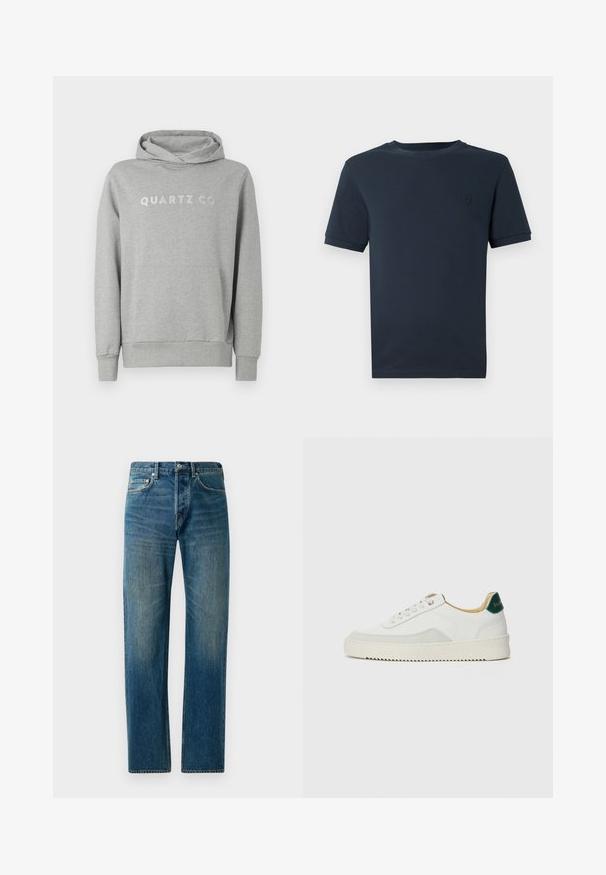 Sudadera con capucha gris hecha de un tejido suave, con capucha ajustable y bolsillo frontal, con "QUARTZ CO" impreso en un diseño sutil en el pecho.; Camiseta de algodón azul oscuro con mangas cortas, cuello redondo y un pequeño logotipo texturizado en la parte izquierda del pecho. Acabado de tela suave.; Vaqueros de mezclilla azul con un diseño de pierna recta, que cuentan con un estilo de cinco bolsillos, un sutil desvanecimiento y acentos de costura en contraste.; Zapatilla blanca con acentos de ante, puntera redondeada, cordones planos y suela de goma color crema. Presenta un logo verde en el talón.