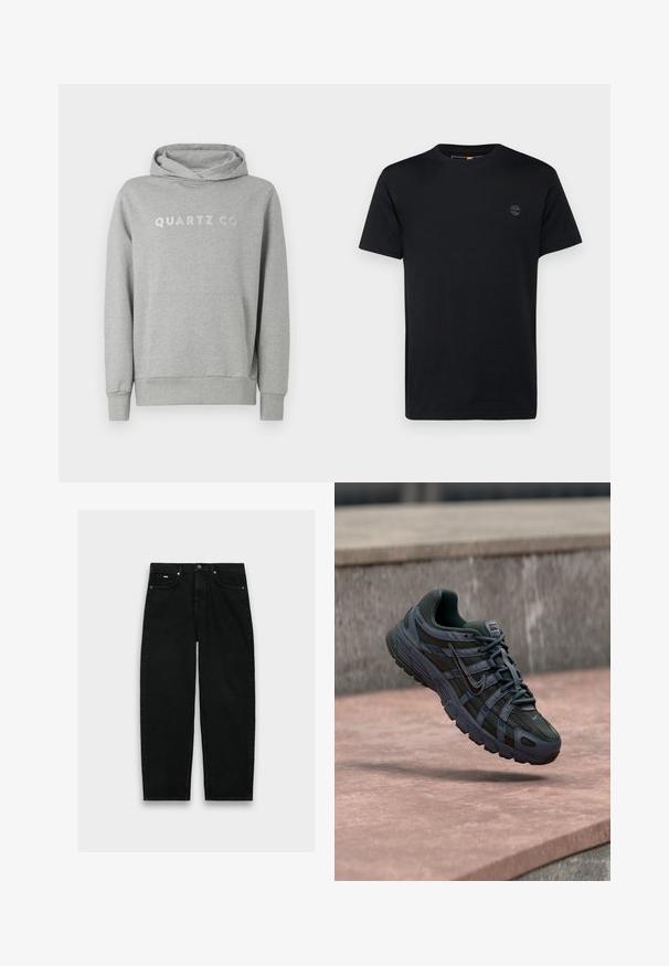 Grijze pullover hoodie van zachte stof, met een capuchon met trekkoord en een voorzak, met "QUARTZ CO" subtiel gedrukt op de borst.; Zwarte katoenen T-shirt met een ronde hals, korte mouwen en een klein, geborduurd logo op de borst. Gladde textuur, klassieke pasvorm.; Zwarte jeans met rechte pijpen en hoge taille, voorzien van vijf zakken, knoopsluiting en riemlussen, op een witte achtergrond.; Donkergrijze Nike hardloopschoen met mesh en synthetisch ontwerp, zwevend boven een roze betonoppervlak met een grijze stenen achtergrond.