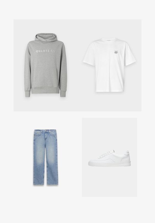 Grijze pullover hoodie van zachte stof, met een capuchon met trekkoord en een voorzak, met "QUARTZ CO" subtiel gedrukt op de borst.; Witte t-shirt van katoen met korte mouwen, een ronde hals, en een klein grijs logo op de linker borstzijde. Soepele textuur.; Lichtblauwe straight-leg spijkerbroek met vijf zakken, riemlussen en een knoop- en ritsluiting.; Witte lage sneaker met vetersluiting, glad leren bovenwerk en dikke zool, gezien vanuit de zijkant tegen een effen achtergrond.