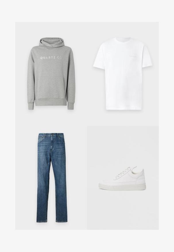 Haut à capuche gris en tissu doux, doté d'une capuche avec cordon et d'une poche frontale, avec "QUARTZ CO" imprimé dans un design subtil sur la poitrine.; T-shirt en coton blanc à manches courtes, encolure ronde, présentant un imprimé logo gris subtil sur la zone gauche de la poitrine et une texture lisse.; Jeans en denim bleu foncé, design à jambe droite, style à cinq poches, couture visible et fermeture à bouton classique. Effet de délavage léger sur le tissu.; Baskets en cuir blanc avec un embout arrondi, une semelle plate et un laçage à l'avant. Présentent des détails de couture et un col rembourré pour plus de confort.