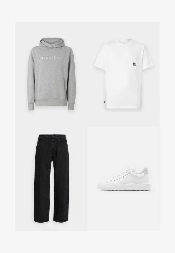 Grijze pullover hoodie van zachte stof, met een capuchon met trekkoord en een voorzak, met "QUARTZ CO" subtiel gedrukt op de borst.; Witte katoenen T-shirt met een ronde hals, korte mouwen en een borstzakje met een zwarte logo-patch. Gladde textuur, losse pasvorm.; Zwarte denim wide-leg broek met een hoge taille, voorzien van vijf zakken en een knoopsluiting. Stof heeft een zachte textuur en een lichte rek.; Witte leren sneakers met een gladde afwerking, ronde neus, platte veters en een gestructureerde zool. Grijze suède accent bij de hiel.