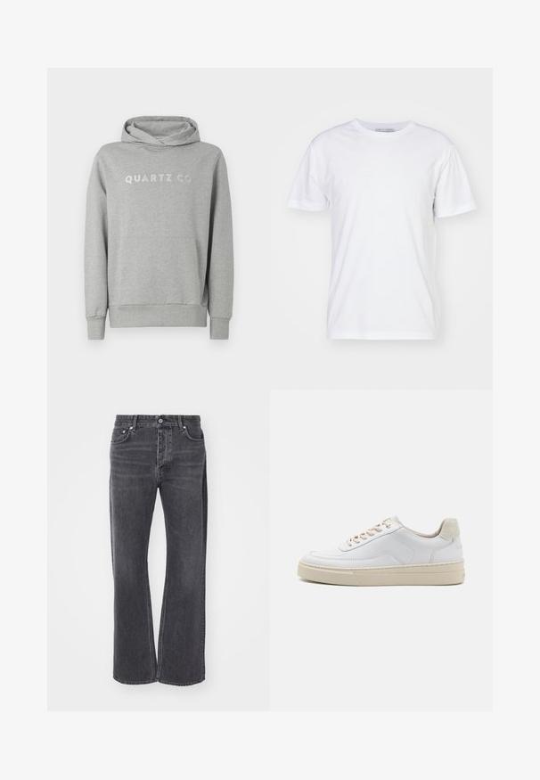 Sudadera con capucha gris hecha de un tejido suave, con capucha ajustable y bolsillo frontal, con "QUARTZ CO" impreso en un diseño sutil en el pecho.; Camiseta de algodón blanca con escote redondo, mangas cortas y corte recto. Sin patrones ni adornos, textura suave y diseño sencillo.; Jeans negros de tiro alto con un diseño holgado y de pierna ancha. Hechos de mezclilla, presentan un ligero desgaste y bolsillos delanteros y traseros.; Zapatilla blanca con parte superior de cuero suave, cordones beige y un tirador de talón de ante beige texturizado. Suela elevada para mayor altura.
