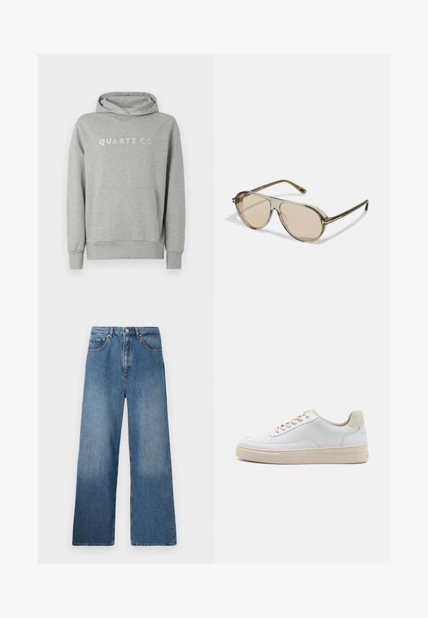 Grijze pullover hoodie van zachte stof, met een capuchon met trekkoord en een voorzak, met "QUARTZ CO" subtiel gedrukt op de borst.; Lange blauwe denim jeans met een klassiek vijf-pocket ontwerp, voor sluiting met een knoop en een lichte vervaging voor textuur.; Witte sneaker met een gevoerd leren bovenwerk, beige veters en een gestructureerde beige suede hieltab. Verhoogde zool voor extra hoogte.; Tom Ford Zonnebril - shiny light green