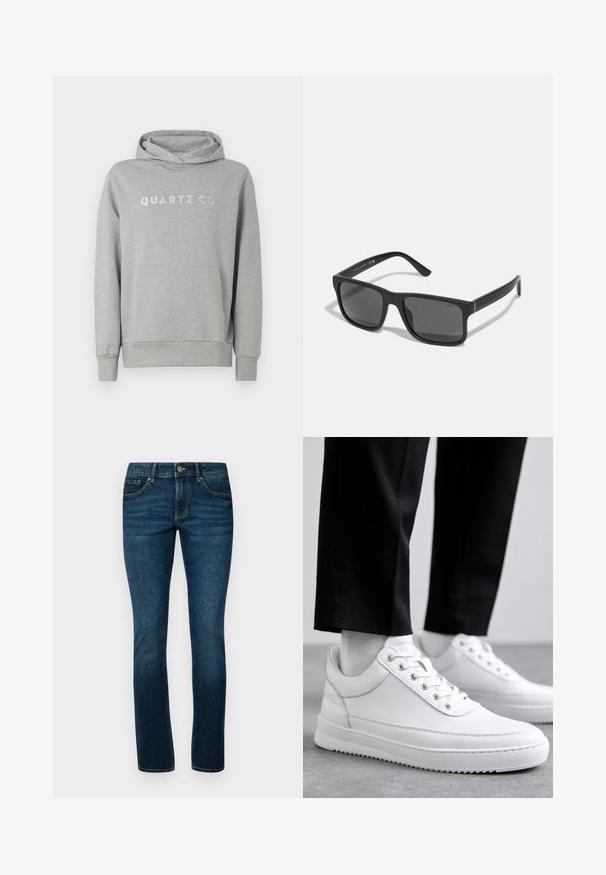 Grå sweatshirt med hætte lavet af blødt stof, med snørrehætte og frontlomme, med "QUARTZ CO" trykt i et diskret design på brystet.; Mørkeblå denimjeans med en klassisk lige pasform, fem-lomme-design og en robust metalknaplukning i taljen.; Hvide lædersneakers med en flad gummisål, der har en glat overflade, rund tå og metaløjer til snørebånd. Bæret med sorte bukser.; Sorte rektangulære solbriller med mørke linser og mat finish. Har et præget "POLO"-logo på stængerne og et robust rammedesign.