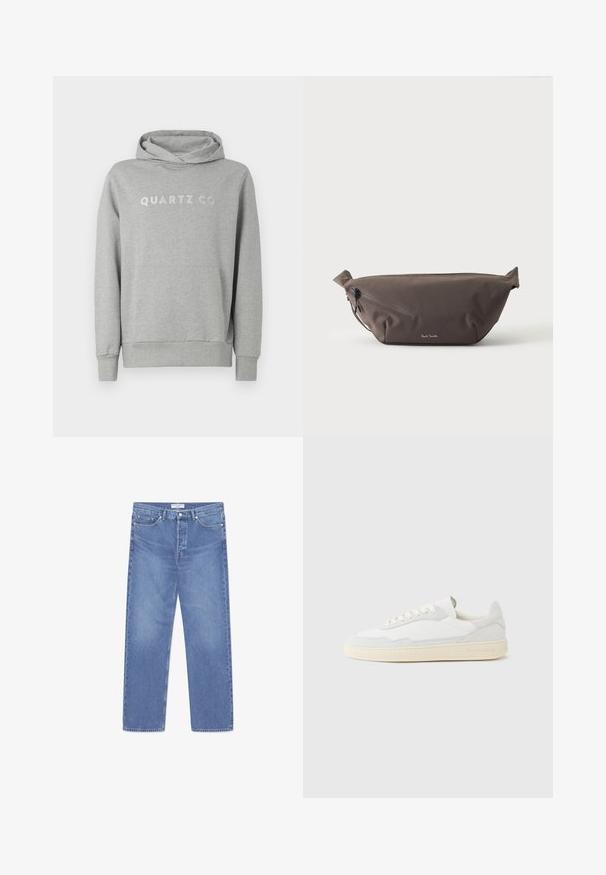 Grå sweatshirt med hætte lavet af blødt stof, med snørrehætte og frontlomme, med "QUARTZ CO" trykt i et diskret design på brystet.; WOOD WOOD WW TYPE 2 DENIM STRAIGHT LEG - Jeans Straight Leg - ocean; Hvid sneakers med en øvre del i tekstureret ruskind og læder. Har rundet tå, snørelukning og kontrasterende beige gummisål.; Mørkebrun stof talje taske med diagonalt lynlåslomme og lille hvidt logo på fronten, sat mod en ensfarvet lys baggrund.
