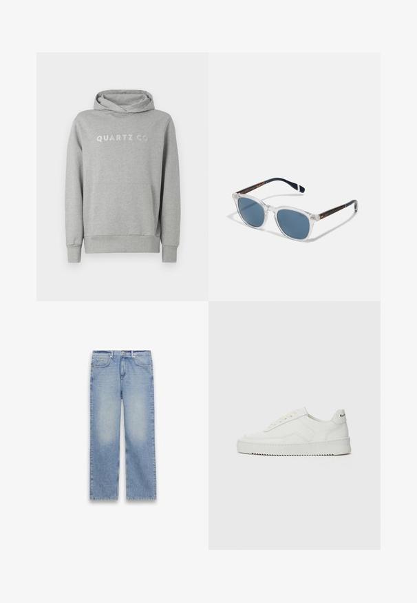 Grijze pullover hoodie van zachte stof, met een capuchon met trekkoord en een voorzak, met "QUARTZ CO" subtiel gedrukt op de borst.; Lichtblauwe straight-leg spijkerbroek met vijf zakken, riemlussen en een knoop- en ritsluiting.; Witte leren sneaker met een gladde afwerking, ronde neus, platte veters en een gestructureerde zool. Kenmerkt zich door een subtiel logo op de hiel.; Polo Ralph Lauren 0PH4206 - Zonnebril - shiny/transparent
