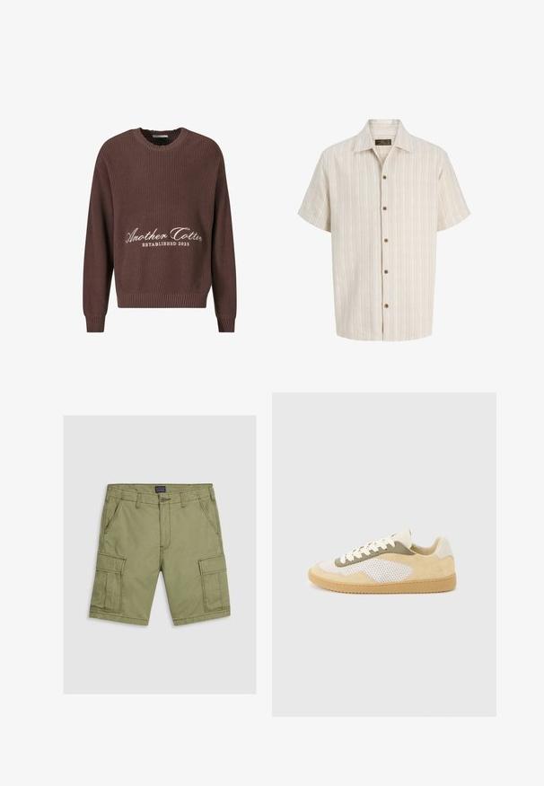 Suéter marrón de punto acanalado con cuello redondo. Presenta el texto blanco "Another Cotton Established 2023" en el frente y puños acanalados.; Camisa beige de manga corta con botones, sutiles rayas verticales y cuello clásico.; Pantalones cortos tipo cargo en color verde olivo, fabricados en algodón, que cuentan con dos bolsillos frontales, dos bolsillos laterales tipo cargo y un cierre de botón con costuras reforzadas.; Zapatilla baja con ante beige, paneles de malla blanca, detalles en oliva, cordones blancos y suela de goma color caramelo sobre un fondo gris claro.