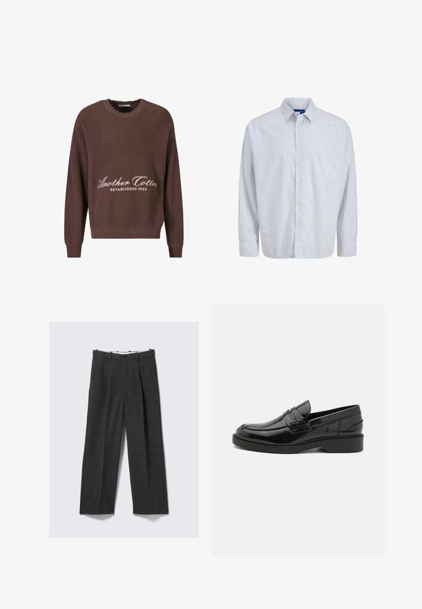 Suéter marrón de punto acanalado con cuello redondo. Presenta el texto blanco "Another Cotton Established 2023" en el frente y puños acanalados.; Camisa blanca de manga larga con botones, rayas verticales rojas finas, bolsillo en el pecho, cuello y puños abotonados.; Pantalones de pierna ancha en gris oscuro con un patrón a cuadros, confeccionados con una tela texturada. Cuentan con un cierre de botón y dos bolsillos laterales.; Mocasines de cuero negro con un acabado suave, punta redondeada, tacón bajo y costura decorativa en la parte delantera. Suela de goma para mayor agarre.