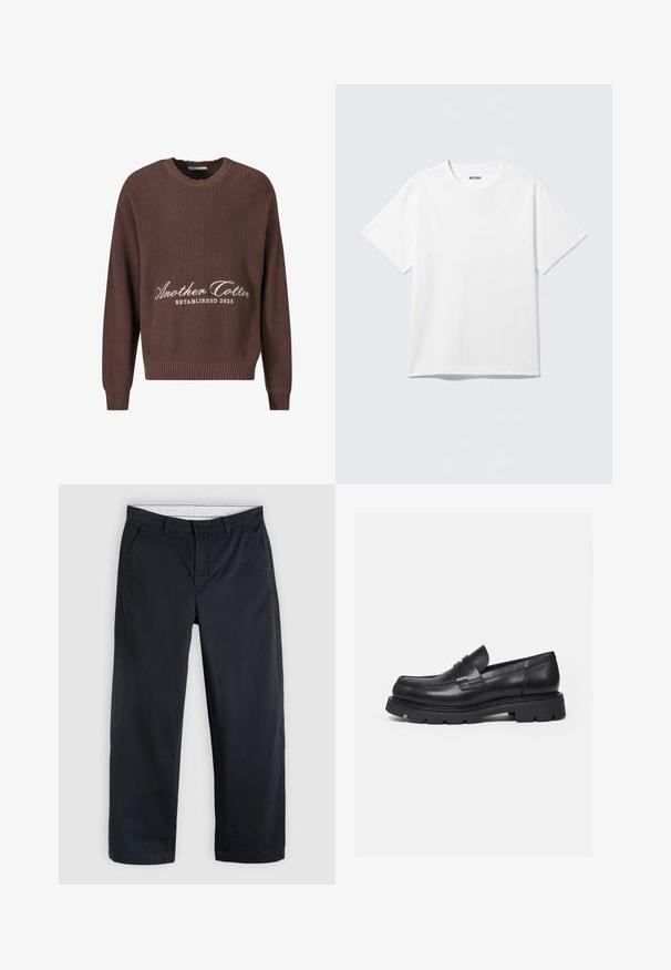 Suéter marrón de punto acanalado con cuello redondo. Presenta el texto blanco "Another Cotton Established 2023" en el frente y puños acanalados.; Camiseta blanca de manga corta con cuello redondo, colocada plana, diseño liso, con etiqueta "WEEKDAY" en el interior del cuello sobre un fondo claro.; Pantalones de corte recto azul marino con trabillas para cinturón, bolsillos laterales, cierre de botón y cremallera, sobre un fondo gris claro.; Mocasín negro de cuero con suela gruesa y acanalada y detalle de tira para moneda, mostrado en perfil lateral derecho sobre fondo blanco.