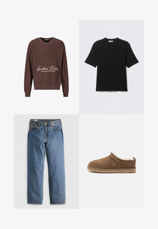 Suéter marrón de punto acanalado con cuello redondo. Presenta el texto blanco "Another Cotton Established 2023" en el frente y puños acanalados.; Camiseta negra de manga corta con cuello redondo y etiqueta "WEEKDAY" en el interior del cuello, mostrada plana sobre un fondo claro.; Jeans de mezclilla azul con un corte recto, que cuentan con una cintura alta, remaches de cobre y costuras naranjas. Incluyen bolsillos delanteros y traseros.; Zapatilla marrón de ante sin cierre con suela beige y forro de forro polar blanco, diseñada para calor y comodidad en interiores.