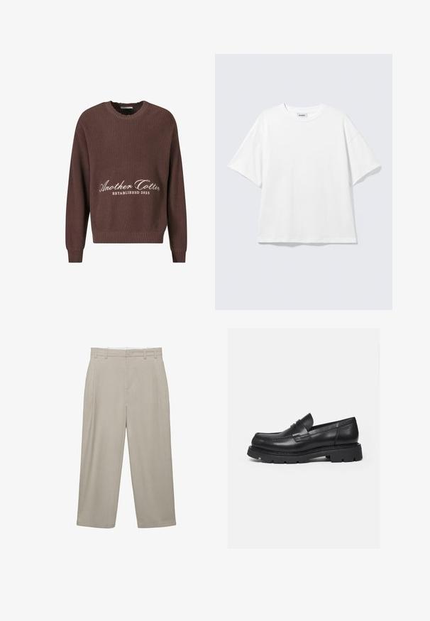 Pull en tricot côtelé marron avec un col rond. Présente un texte blanc "Another Cotton Established 2023" sur le devant et des poignets côtelés.; T-shirt blanc oversize à manches courtes, col rond, épaules tombantes, posé à plat sur fond gris clair.; Pantalon beige à jambes larges avec passants de ceinture, plis devant et taille nette, présenté à plat sur fond blanc.; Mocassin en cuir noir avec semelle épaisse crantée et détail de bride penny, présenté en profil droit sur fond blanc.