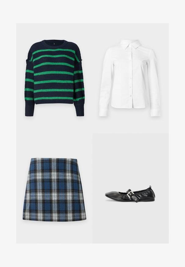 Suéter de punto azul marino con rayas horizontales verdes y puños acanalados, con un cuello redondo y un ajuste ligeramente holgado.; Camisa blanca de manga larga con botones, cuello puntiagudo, bajo recto y silueta ajustada, presentada sobre un fondo claro y liso.; Falda de cuadros azul con un patrón de cuadros variado en azul, negro y blanco. Confeccionada con una tela texturada y un silueta ajustada.; Zapato plano de piel negra con puntera afilada, detalle fruncido alrededor de la abertura y un acento de hebilla plateada en la correa ajustable.