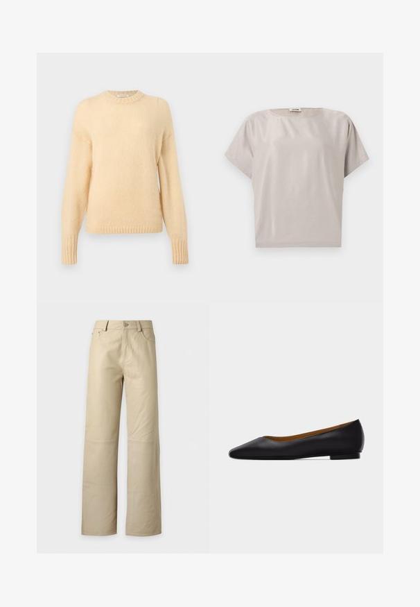 Pull tricot à manches longues de couleur crème avec des poignets et un ourlet côtelés, et un col rond.; Blouse beige en coton à manches courtes, col rond, coupe ample, avec une petite étiquette à l'arrière du col intérieur.; Pantalon beige à jambes larges avec fermeture avant à bouton et zip, passants pour ceinture et deux poches avant, présenté sur fond blanc.; Chaussure plate en cuir noir à bout pointu avec talon bas et finition lisse, vue de côté sur un fond gris clair.
