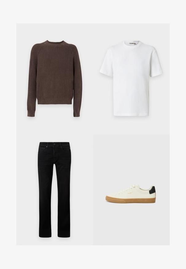 Pull marron côtelé à manches longues, col rond et taille cintrée. Confectionné dans un matériau en maille texturée.; T-shirt blanc à manches courtes en maille gaufrée avec col rond, petite étiquette de marque à l'intérieur du col, présenté sur un fond uni.; Jean en denim noir avec une coupe droite. Comprend une fermeture éclair, un style cinq poches et un léger effet de décoloration sur le tissu.; Sneaker en toile blanche avec une semelle en gomme, accent au talon noir, bout rond et design à lacets. Présente le logo de la marque en doré sur le côté.