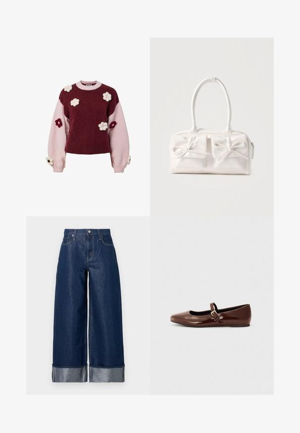 Pull en maille avec sections bordeaux et roses, orné d'appliqués floraux tricotés en rose et bordeaux sur les manches et le corps.; Jean large en denim bleu foncé à taille haute, design à cinq poches, et revers pliés dévoilant le tissu intérieur plus clair.; Ballerine en cuir verni marron avec un bout carré et une lanière ornée d'une petite boucle dorée. Texture lisse, talon bas et design minimaliste.; Sac à main synthétique blanc avec deux poches avant, chacune ornée d'un nœud noué. Texture lisse, anses arrondies et fermeture zippée.