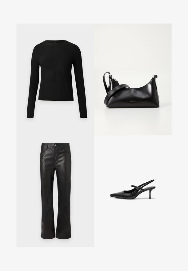 Pull ajusté noir à manches longues et côtelé avec un col rond, présenté sur un fond clair uni.; Pantalons en faux cuir noirs avec une coupe droite, dotés de poches avant et d'une fermeture à bouton visible. Texture lisse et finition brillante.; Talons aiguilles noires en cuir avec un bout pointu, une fine bride réglable, et un talon aiguille d'environ 5 cm, texture lisse.; Sac à main en cuir noir avec une texture lisse. Dispose d'une bandoulière adjustable et d'un design élégant et minimaliste avec une fermeture éclair.