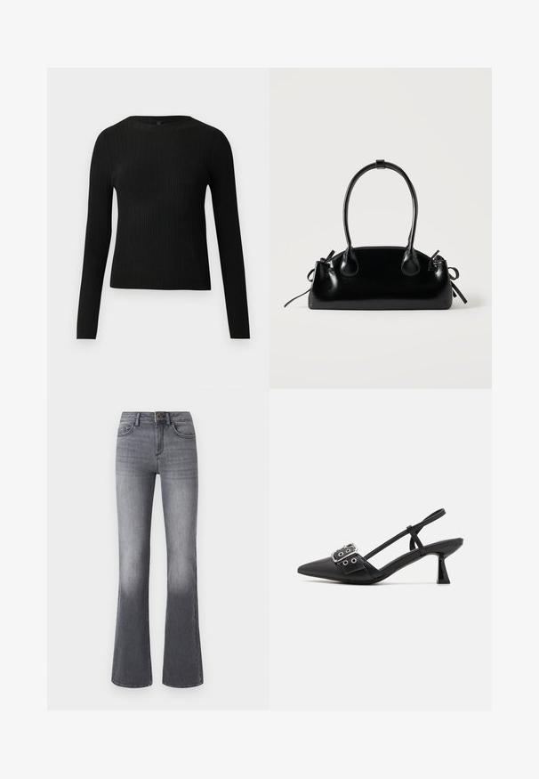 Pull ajusté noir à manches longues et côtelé avec un col rond, présenté sur un fond clair uni.; Jean flare taille haute en denim gris foncé, avec poches frontales, fermeture à bouton et légère décoloration vers l'ourlet.; Simmi London DALA - Escarpins - black; Petit sac à main noir brillant avec deux longues anses et des détails à cordon sur les côtés sur un fond clair uni.