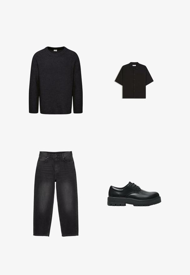 Mørkegrå strikket sweater med ribbet struktur, rund hals og lange ærmer. Enkel design uden synlige mønstre eller accenter.; Sort kortærmet skjorte med knapper, krave og brystlomme, lagt fladt på en hvid baggrund.; Højtaljede sorte denimjeans med let falmning på lårene, lige ben skæring, fem-lomme stil og knaplukning i taljen.; Sort læder snøresko med tyk rillede sål og afrundet spids, vist i sidelayout på hvid baggrund.