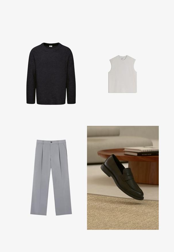 Mørkegrå strikket sweater med ribbet struktur, rund hals og lange ærmer. Enkel design uden synlige mønstre eller accenter.; Ærmeløs lysegrå tanktop lavet af blød bomuld, har rund halsudskæring, løs pasform og minimalistisk design uden pynt.; Grå plisserede bukser med en afslappet pasform, lavet af et letvægtsstof. Har forlommer og en knaplukning i taljen.; Sort læderloafer vist i luften over en beige vævet tæppe, med et træbord og stablede bøger i et blødt oplyst stue.