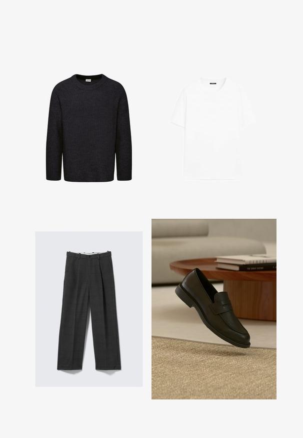 Pull en tricot gris foncé avec une texture côtelée, col rond et manches longues. Design simple sans motifs ni accents visibles.; T-shirt blanc uni à manches courtes et col rond avec une petite étiquette noire au niveau du col, sur fond blanc.; Pantalons larges, gris foncé, avec un motif à carreaux, confectionnés dans un tissu texturé. Dotés d'une fermeture à bouton et de deux poches latérales.; Chaussure mocassin en cuir noir présentée en suspension au-dessus d'un tapis beige tissé, avec une table en bois et des livres empilés dans un salon doucement éclairé.