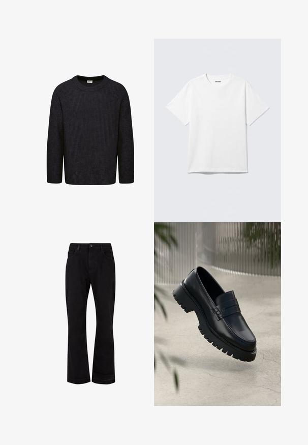 Mørkegrå strikket sweater med ribbet struktur, rund hals og lange ærmer. Enkel design uden synlige mønstre eller accenter.; Hvid kortærmet crewneck T-shirt lagt fladt ud, ensfarvet design, med "WEEKDAY" mærkat inde i kraven på en lys baggrund.; Sorte denim flared bukser med en glat tekstur. Har forlommer, knaplukning og syninger langs sømene.; Sorte læder loafers med en chunky sål, der har en dekorativ rem og syninger. Glat tekstur med en poleret overflade.