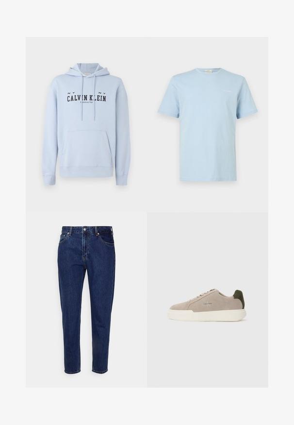 Ανοιχτό μπλε φουτουριστικό hoodie από ύφασμα, με μπροστινή τσέπη, κουκούλα με κορδόνια και μαύρο εκτυπωμένο κείμενο "CALVIN KLEIN Ιδρύθηκε το 1968" μπροστά.; Ανοιχτό μπλε κοντομάνικο T-shirt με στρογγυλή λαιμόκοψη και μικρό λευκό λογότυπο "Calvin Klein" στο αριστερό στήθος.; Σκούρο μπλε τζιν με ίσιο μπατζάκι, μπροστινό κούμπωμα με κουμπί και φερμουάρ, θηλιές για ζώνη και τσέπες μπροστά και πίσω.; Μπεζ σουέτ αθλητικά παπούτσια με λευκή καουτσούκ σόλα, με σκούρο πράσινο τόνισμα στη φτέρνα και διακριτική σήμανση στο πλάι.