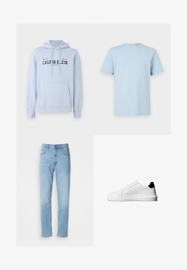 Ανοιχτό μπλε φουτουριστικό hoodie από ύφασμα, με μπροστινή τσέπη, κουκούλα με κορδόνια και μαύρο εκτυπωμένο κείμενο "CALVIN KLEIN Ιδρύθηκε το 1968" μπροστά.; Ανοιχτό μπλε κοντομάνικο T-shirt με στρογγυλή λαιμόκοψη και μικρό λευκό λογότυπο "Calvin Klein" στο αριστερό στήθος.; Ανοιχτό μπλέ τζιν παντελόνι με ίσια γραμμή, πέντε τσέπες και θηλιές ζώνης. Το ύφασμα έχει απαλή υφή με ελαφριά φθορά.; Λευκά δερμάτινα αθλητικά παπούτσια με μαύρο σημείο στη φτέρνα, διαθέτουν επίπεδα κορδόνια, στρογγυλεμένη μύτη και ραβδωτή λαστιχένια σόλα για καλύτερη πρόσφυση.