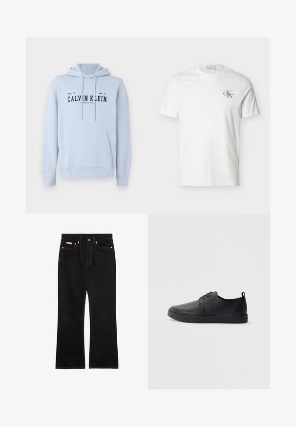 Ανοιχτό μπλε φουτουριστικό hoodie από ύφασμα, με μπροστινή τσέπη, κουκούλα με κορδόνια και μαύρο εκτυπωμένο κείμενο "CALVIN KLEIN Ιδρύθηκε το 1968" μπροστά.; Λευκό βαμβακερό κοντομάνικο T-shirt με μικρό γκρι λογότυπο «Calvin Klein» στο αριστερό μέρος του στήθους, στρογγυλή λαιμόκοψη και κανονική εφαρμογή.; Μαύρο τζιν με ίσια γραμμή, πορτοκαλί ραφές, πέντε τσέπες, κούμπωμα με κουμπί και μικρή ετικέτα Calvin Klein στην μπροστινή δεξιά τσέπη.; Μαύρο δερμάτινο αθλητικό παπούτσι με λεία επιφάνεια, στρογγυλή μύτη, τονικό ράψιμο, κορδόνια μπροστά και επίπεδη καουτσούκ σόλα. Βρόχος στην πτέρνα.