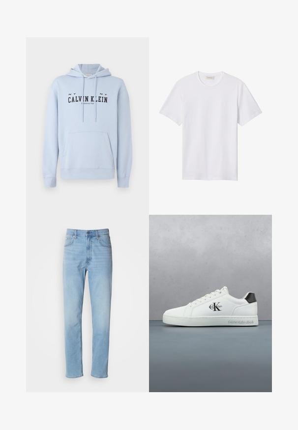 Ανοιχτό μπλε φουτουριστικό hoodie από ύφασμα, με μπροστινή τσέπη, κουκούλα με κορδόνια και μαύρο εκτυπωμένο κείμενο "CALVIN KLEIN Ιδρύθηκε το 1968" μπροστά.; Απλό λευκό κοντομάνικο μπλουζάκι με στρογγυλή λαιμόκοψη, με μικρό ανάγλυφο λογότυπο στο αριστερό στήθος και ετικέτα της μάρκας στο εσωτερικό του γιακά.; Ανοιχτό μπλέ τζιν παντελόνι με ίσια γραμμή, πέντε τσέπες και θηλιές ζώνης. Το ύφασμα έχει απαλή υφή με ελαφριά φθορά.; Άσπρο δερμάτινο αθλητικό παπούτσι με λεία επιφάνεια, κορδόνια, στρογγυλεμένη μύτη και αντίθετη μαύρη λεπτομέρεια στη φτέρνα. Η λαστιχένια σόλα προσφέρει κράτημα.