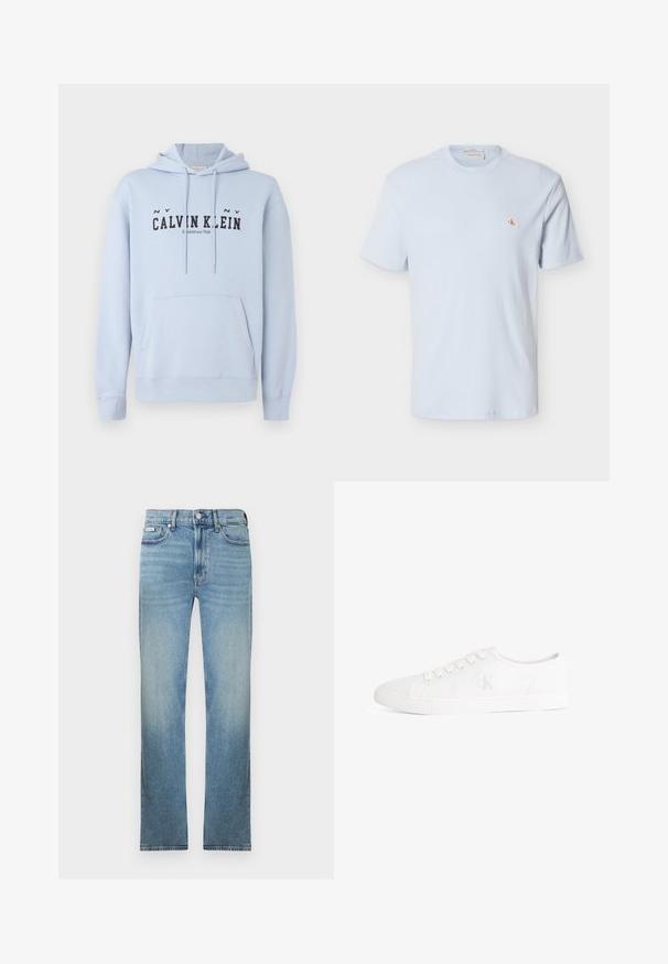 Ανοιχτό μπλε φουτουριστικό hoodie από ύφασμα, με μπροστινή τσέπη, κουκούλα με κορδόνια και μαύρο εκτυπωμένο κείμενο "CALVIN KLEIN Ιδρύθηκε το 1968" μπροστά.; Ανοιχτό μπλε κοντομάνικο μπλουζάκι πλεκτό στο σχέδιο βάφλας με στρογγυλή λαιμόκοψη και μικρό κόκκινο λογότυπο "CK" στο αριστερό στήθος.; Ανοιχτό μπλε τζιν παντελόνι με ίσιο κόψιμο στα πόδια, σχεδιασμό με πέντε τσέπες και ξεθωριασμένο φινίρισμα. Διαθέτει κουμπωτό φερμουάρ και θηλιές για ζώνη.; Άσπρο πάνινο παπούτσι χαμηλού τύπου με λευκά κορδόνια και διακριτικό λογότυπο "cK" στο πλάι, με λαστιχένια σόλα και υφή στο σημείο των δαχτύλων.