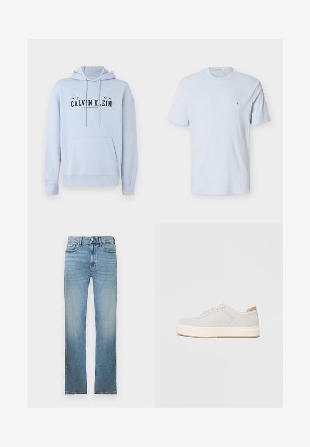 Ανοιχτό μπλε φουτουριστικό hoodie από ύφασμα, με μπροστινή τσέπη, κουκούλα με κορδόνια και μαύρο εκτυπωμένο κείμενο "CALVIN KLEIN Ιδρύθηκε το 1968" μπροστά.; Ανοιχτό μπλε κοντομάνικο μπλουζάκι πλεκτό στο σχέδιο βάφλας με στρογγυλή λαιμόκοψη και μικρό κόκκινο λογότυπο "CK" στο αριστερό στήθος.; Ανοιχτό μπλε τζιν παντελόνι με ίσιο κόψιμο στα πόδια, σχεδιασμό με πέντε τσέπες και ξεθωριασμένο φινίρισμα. Διαθέτει κουμπωτό φερμουάρ και θηλιές για ζώνη.; Απαλά γκρι αθλητικά παπούτσια με ομαλή συνθετική επάνω επιφάνεια, στρογγυλή μύτη και υφή κρέμας στη μεσαία σόλα. Φωτεινές καφέ λεπτομέρειες στην φτέρνα.