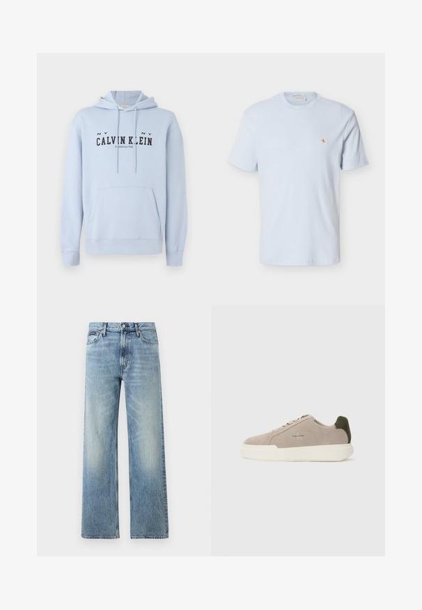 Ανοιχτό μπλε φουτουριστικό hoodie από ύφασμα, με μπροστινή τσέπη, κουκούλα με κορδόνια και μαύρο εκτυπωμένο κείμενο "CALVIN KLEIN Ιδρύθηκε το 1968" μπροστά.; Ανοιχτό μπλε κοντομάνικο μπλουζάκι πλεκτό στο σχέδιο βάφλας με στρογγυλή λαιμόκοψη και μικρό κόκκινο λογότυπο "CK" στο αριστερό στήθος.; Ανοιχτό μπλε τζιν παντελόνι με ίσια γραμμή και ψηλή μέση, πέντε τσέπες, κούμπωμα με κουμπί και διακριτικό ξεθώριασμα στους μηρούς και τα γόνατα.; Μπεζ σουέτ αθλητικά παπούτσια με λευκή καουτσούκ σόλα, με σκούρο πράσινο τόνισμα στη φτέρνα και διακριτική σήμανση στο πλάι.