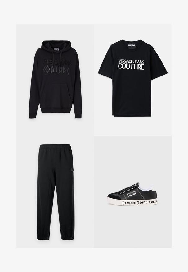 Haut à capuche noir avec une poche kangourou à l'avant. Présente des lettres en relief noires "VERSACE JEANS COUTURE" dans une police audacieuse et angulaire. Tissu en mélange de coton.; T-shirt en coton noir à manches courtes avec un grand texte blanc "VERSACE JEANS COUTURE" sur le devant. Design classique avec col rond.; Pantalons de survêtement noirs avec une taille élastique, des jambes fuselées et une petite patch de marque. Fabriqués en tissu lisse et léger.; Baskets basses noires avec semelle blanche arborant le texte « Versace Jeans Couture » sur le côté et la semelle, lacets noirs et col de talon blanc.