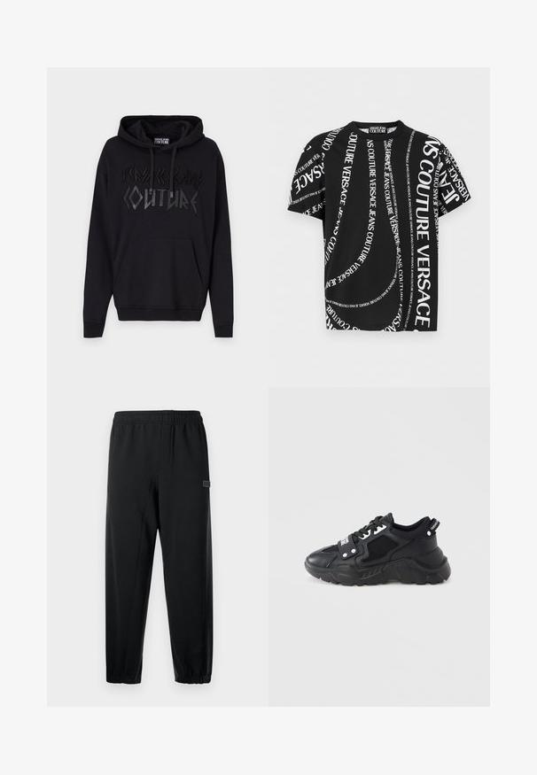 Mustat hupparit, joissa on etupuolella kengurupocket. Esittää kohotettua mustaa tekstiä "VERSACE JEANS COUTURE" rohkealla, kulmikkaalla fontilla. Puuvillasekoitekangas.; Musta lyhythihainen T-paita, jossa on valkoisella painettu teksti "VERSACE JEANS COUTURE" toistuvasti eri suuntiin ja eri kokoisena.; Mustat collegehousut, joissa on joustava vyötärö, kapenevat lahkeet ja pieni brändätty logo. Valmistettu sileästä, kevyestä kankaasta.; Musta lenkkikenkä paksulla pohjalla, jossa on verkkopaneelit ja nahkaiset yksityiskohdat. Valkoiset nauhat ja sivussa näkyvä brändi.