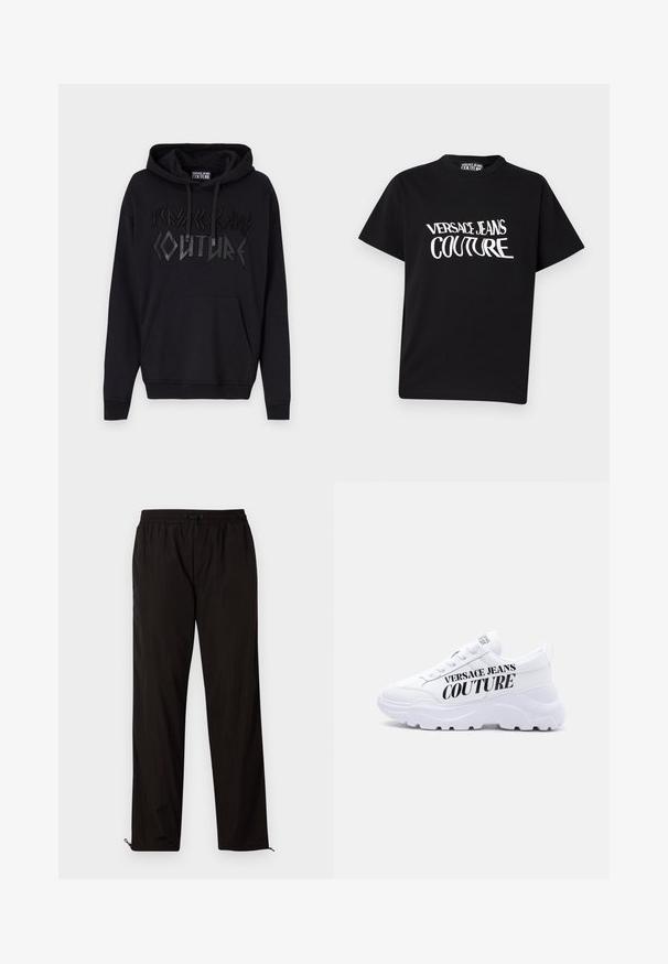 Haut à capuche noir avec une poche kangourou à l'avant. Présente des lettres en relief noires "VERSACE JEANS COUTURE" dans une police audacieuse et angulaire. Tissu en mélange de coton.; T-shirt noir à manches courtes avec le texte « Versace Jeans Couture » blanc déformé imprimé sur le devant, col rond et coupe régulière.; Pantalons légers noirs avec une taille élastique, fermeture à cordon, et bas zippés pour un ajustement réglable. Texture lisse et élégante.; Baskets blanches épaisses avec semelle épaisse, design à lacets, et "Versace Jeans Couture" imprimé en lettres noires audacieuses sur le côté.