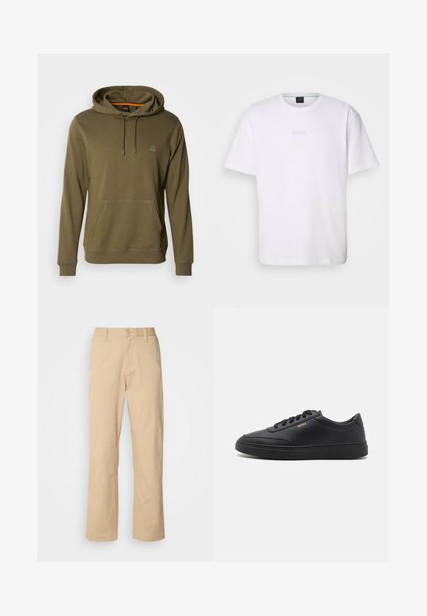 Olijf groene hoodie van zacht materiaal, met een voorzak, verstelbare trekkoordcapuchon en een subtiele logopatch op de borst.; Witte katoenen T-shirt met korte mouwen, ronde halslijn en reliëf 'BOSS' logo op de borst. Veilig textuur, standaard pasvorm.; HUGO ZAYN - Broek - medium beige; Zwarte leren sneakers met een gladde textuur, ronde neus, platte rubberen zool en tonale veters. Kenmerkt zich door de gouden "BOSS" branding aan de zijkant.