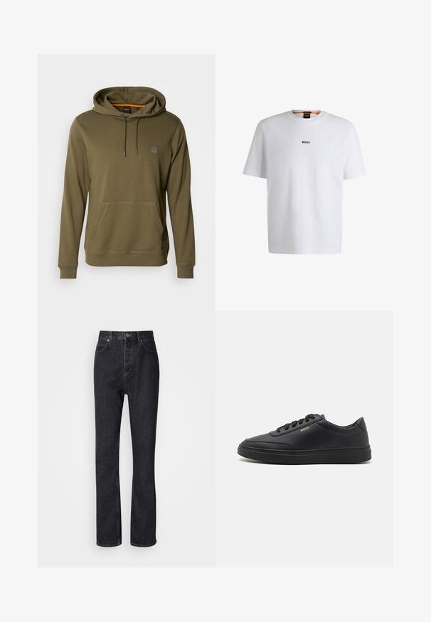 Oliven grøn hoodie lavet af blødt stof, med en lomme foran, justerbar snoretræk på hætten og et diskret logo-patch på brystet.; Hvid bomuld T-shirt med korte ærmer, med et sort "BOSS" logo centreret på brystet og en rund halsudskæring.; Høj talje sorte denim jeans med knap- og lynlåsåbning, for- og baglommer samt lige ben.; Sorte lædersneakers med en glat overflade, rund tå, flad gummisål og tonede snørebånd. Udstyret med guld "BOSS" branding på siden.