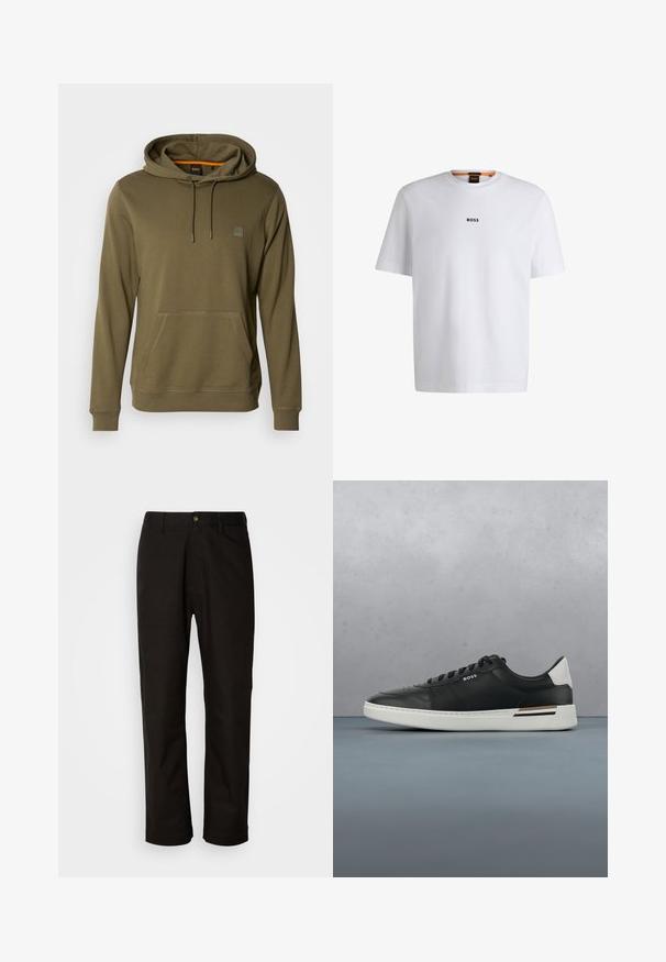 Oliven grøn hoodie lavet af blødt stof, med en lomme foran, justerbar snoretræk på hætten og et diskret logo-patch på brystet.; Hvid bomuld T-shirt med korte ærmer, med et sort "BOSS" logo centreret på brystet og en rund halsudskæring.; Sorte bomuldsbukser med lige pasform, bæltestropper, lynlås foran og en enkelt knappelukning. Glat tekstur uden synlige mønstre.; Sort lædersneaker med hvid sål, har perforeringer, snørebåndsdesign, logo på siden og kontrasterende hældetalje i hvid og brun.