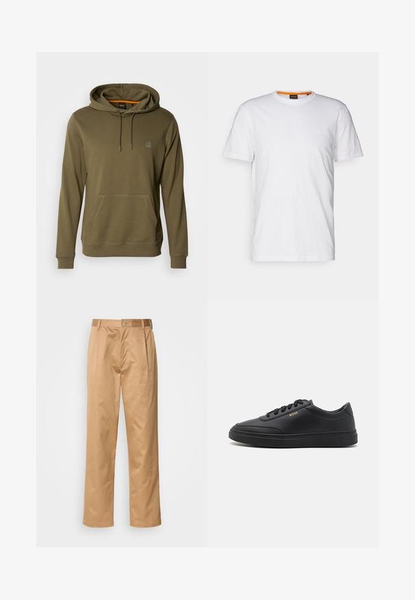 Hoodie vert olive en tissu doux, avec une poche avant, un capuchon ajustable avec cordon de serrage et un patch logo discret sur la poitrine.; T-shirt en coton blanc avec un col rond, des manches courtes et un logo en relief subtil sur la poitrine. L'étiquette intérieure a une touche d'orange.; Pantalons khaki, en mélange de coton, coupe droite, plis avant, passants de ceinture et fermeture à bouton. Texture lisse sans motifs.; Baskets en cuir noir avec une texture lisse, bout rond, semelle en caoutchouc plate et lacets ton sur ton. Présente une marque "BOSS" dorée sur le côté.