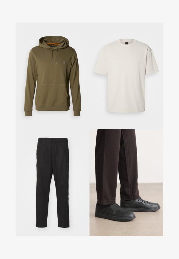 Hoodie vert olive en tissu doux, avec une poche avant, un capuchon ajustable avec cordon de serrage et un patch logo discret sur la poitrine.; T-shirt à manches courtes et col rond en coton blanc cassé, présentant une coupe droite et un marquage minimal sur le col. Texture douce, sans motifs.; Chinos en coton noir avec une coupe droite, fermeture à bouton et poches latérales. Texture lisse et sans motifs ni accents visibles.; Baskets noires avec une texture lisse semblable au cuir, bout rond et système de laçage. Associées à un pantalon foncé à coupe décontractée. Semelle en caoutchouc plate.