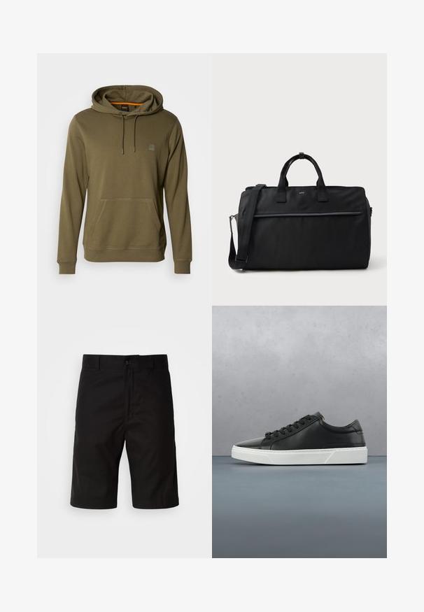 Olijf groene hoodie van zacht materiaal, met een voorzak, verstelbare trekkoordcapuchon en een subtiele logopatch op de borst.; Zwarte shorts van stevige stof, met een rechte snit, knoopsluiting en een gladde textuur zonder zichtbare patronen.; Zwarte leren sneaker met ronde neus, textuur op het oppervlak, witte rubberen zool en zwarte veters. Minimalistisch ontwerp met een slanke uitstraling.; Zwarte rechthoekige reistas met dubbele handgrepen, verstelbare schouderriem, voorzak met rits en klein "BOSS"-logo aan de voorkant.
