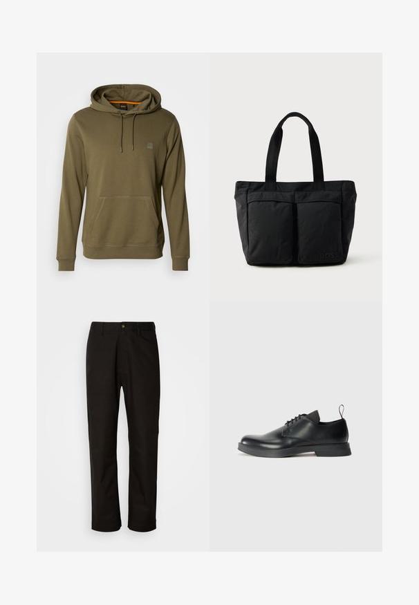 Hoodie vert olive en tissu doux, avec une poche avant, un capuchon ajustable avec cordon de serrage et un patch logo discret sur la poitrine.; Pantalon en coton noir avec une coupe droite, des passants de ceinture, une fermeture éclair à l'avant et un seul bouton. Texture lisse sans motifs visibles.; Chaussure noire en cuir à lacets avec une finition lisse, un bout rond et un design minimaliste. Comprend un tirant contrastant subtil et une semelle en caoutchouc.; Sac fourre-tout noir en tissu doux, avec deux poches avant et des anses robustes. Logo affiché sur le côté. Design simple et fonctionnel.