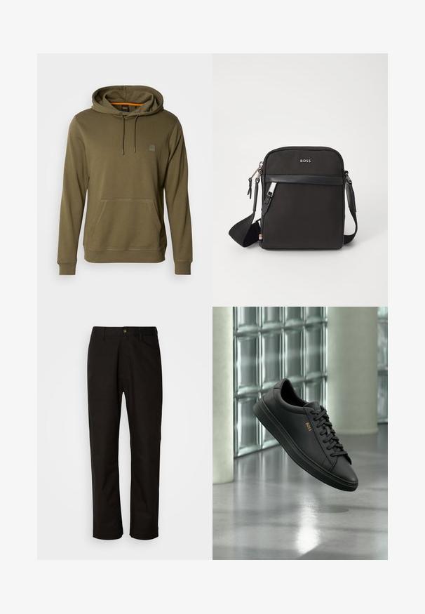 Hoodie vert olive en tissu doux, avec une poche avant, un capuchon ajustable avec cordon de serrage et un patch logo discret sur la poitrine.; Pantalon en coton noir avec une coupe droite, des passants de ceinture, une fermeture éclair à l'avant et un seul bouton. Texture lisse sans motifs visibles.; Baskets basses en cuir noir avec lacets noirs et logo BOSS doré sur le côté, flottant au-dessus d’un sol gris brillant dans un espace intérieur moderne.; Sac bandoulière noir en tissu texturé, avec un logo sur le devant, fermeture éclair et une bandoulière réglable. Finitions en cuir lisse.