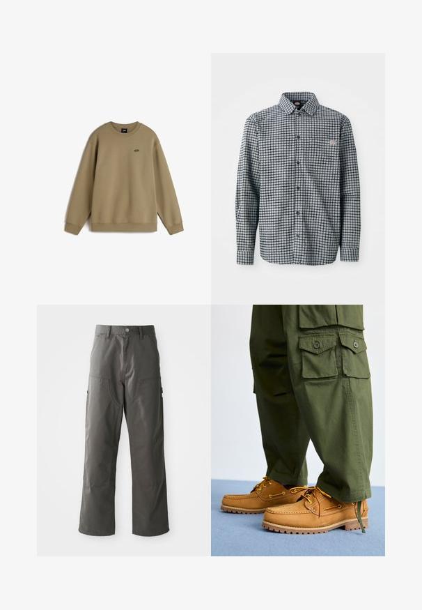 Olivengrüner Sweatshirt, Rundhalsausschnitt, lange Ärmel, weicher Baumwollmischstoff, gerippte Bündchen und Saum, mit kleinem Logo auf der Brust.; Langärmliges, schwarz-weiß kariertes Hemd mit Knopfleiste, Kragen und kleinem Logopatch auf der linken Brusttasche.; Graue Cargo-Hosen mit geradem Bein design, ausgestattet mit zwei Fronttaschen und zusätzlichen Seitentaschen für Stauraum. Hergestellt aus strapazierfähigem Stoff.; Timberland AUTHENTIC 3 EYE - Bootsschuh - wheat