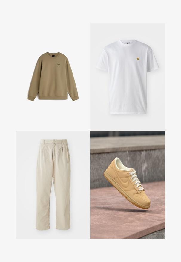 Olivengrüner Sweatshirt, Rundhalsausschnitt, lange Ärmel, weicher Baumwollmischstoff, gerippte Bündchen und Saum, mit kleinem Logo auf der Brust.; Weißes Baumwoll-T-Shirt mit kurzen Ärmeln, Rundhalsausschnitt, mit einem kleinen goldenen Logo im linken Brustbereich. Weicher Stoff und normale Passform.; Beige, leichte Hose mit lässiger Passform, eingeknöpften Bügelfalten vorne, Knopfverschluss und umschlagenen Säumen. Glatte Textur, minimales Design.; Beiger Nike Low-Top Sneaker mit weißen Schnürsenkeln und Gummisohle, der über einer Steinoberfläche und einem Betonhintergrund schwebt.