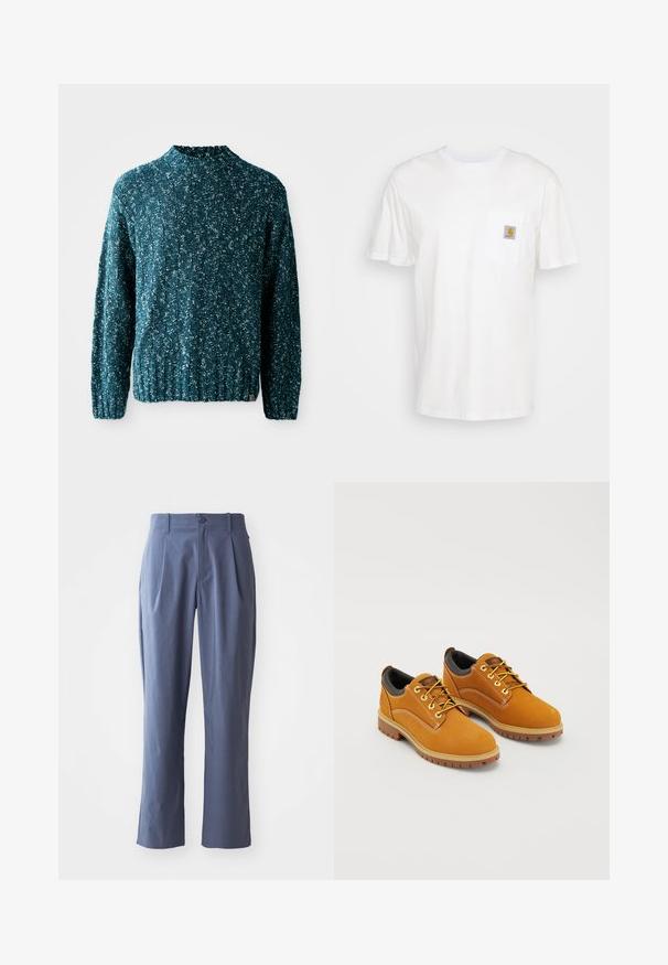 Pull en tricot teal avec un motif texturé, un col haut et un ourlet côtelé. Fabriqué dans un tissu doux avec une coupe légèrement ample.; T-shirt en coton blanc à manches courtes, avec une poche poitrine et un petit patch logo carré en orange et blanc sur la poche.; Pantalon bleu marine avec plis, coupe droite, en tissu léger, avec une fermeture à un bouton à l'avant et des passants de ceinture.; Chaussures en daim marron avec un bout rond, des lacets jaunes, un col rembourré noir et des semelles en caoutchouc avec des rainures de traction.
