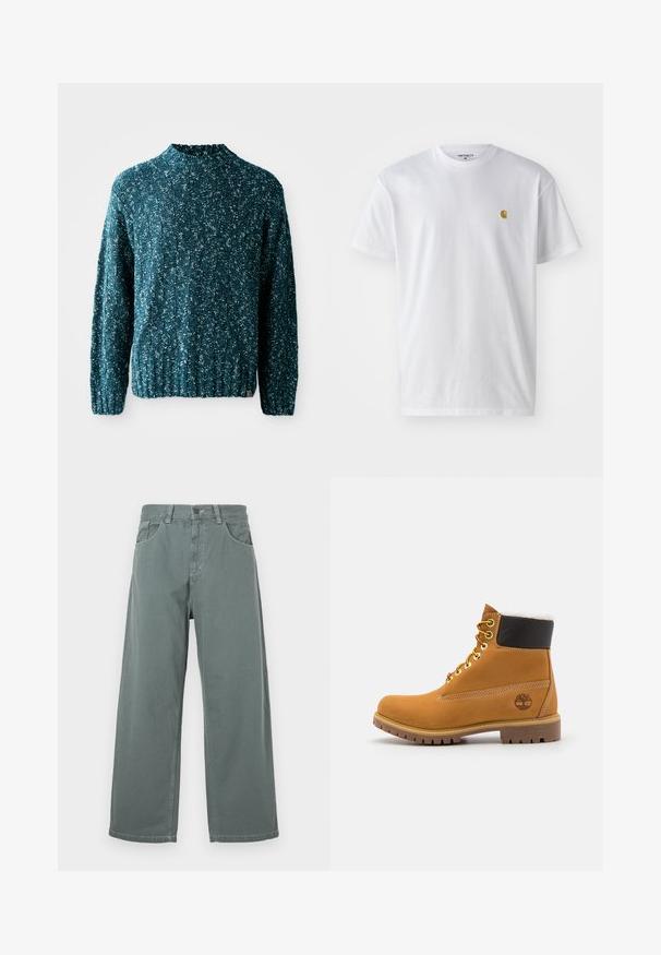 Pull en tricot teal avec un motif texturé, un col haut et un ourlet côtelé. Fabriqué dans un tissu doux avec une coupe légèrement ample.; T-shirt en coton blanc à manches courtes, col rond, avec un petit logo doré sur la poitrine gauche. Texture douce et coupe régulière.; Pantalons larges en coton vert muted, avec une taille classique, des passants de ceinture, des poches avant et des détails de couture contrastés.; Bottine en cuir brun avec œillets en métal, doublure en fourrure blanche, col rembourré noir, semelle robuste et logo en relief sur le côté.