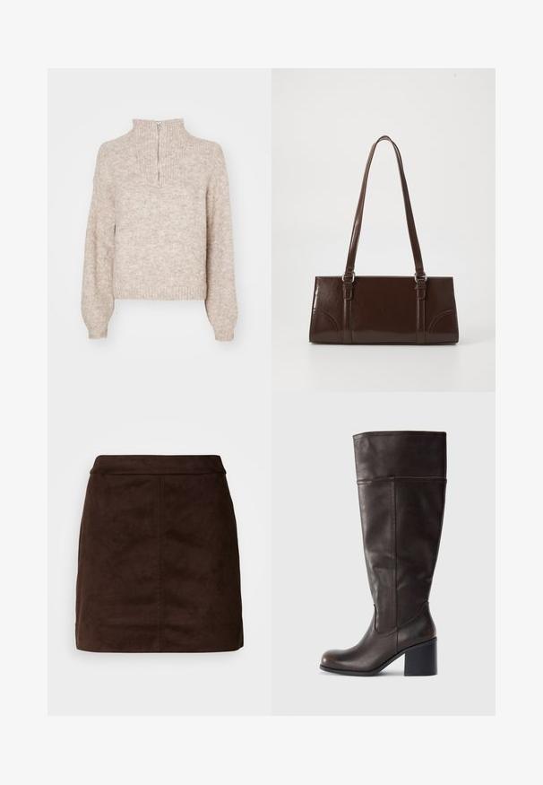 Pull en tricot beige avec un col montant et une fermeture éclair mi-hauteur. Présente de longues manches légèrement bouffantes et un ourlet côtelé. Matière texturée et douce.; Jupe mini en suede marron avec une texture lisse, taille ajustée et détails de coutures verticales. Design minimaliste sans embellissements supplémentaires.; Botte en cuir marron hauteur genou avec un bout rond et un talon empilé. Présente une texture lisse et des coutures latérales.; Sac à main en cuir verni marron de forme rectangulaire, avec deux longues poignées et des accents courbés subtils à l'avant.