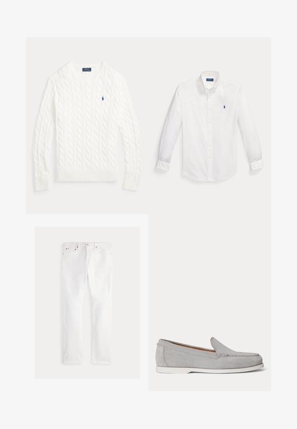 Pull en coton blanc à maille torsadée, col rond, manches longues, poignets et ourlet côtelés, avec petit logo Polo Ralph Lauren bleu sur la poitrine.; Chemise blanche à manches longues avec boutons, col boutonné et petit logo Polo Ralph Lauren bleu marine sur la poitrine gauche.; Jean en denim blanc à coupe droite, doté de cinq poches, de garnitures en cuivre et de détails de couture subtils. Texture lisse avec une finition soignée.; Mocassin en daim gris clair à enfiler avec semelle blanche, coutures visibles et petit talon, présenté de profil sur fond blanc.