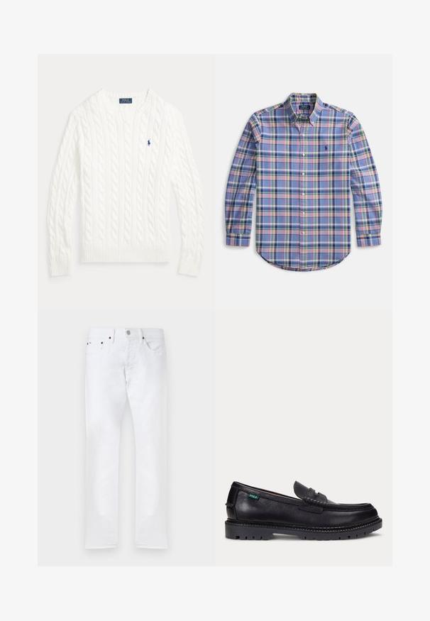Pull en coton blanc à maille torsadée, col rond, manches longues, poignets et ourlet côtelés, avec petit logo Polo Ralph Lauren bleu sur la poitrine.; Chemise boutonnée à motif à carreaux bleu avec des accents roses, verts et blancs. Manches longues, col, et ourlet incurvé. Présente un logo sur la poitrine.; Jean blanc slim ajusté avec cinq poches, fermeture à boutons et passants pour ceinture, présenté à plat sur un fond blanc.; Mocassin en cuir noir avec une semelle épaisse à crampons et une petite étiquette verte "Polo" sur le côté extérieur, près du talon.